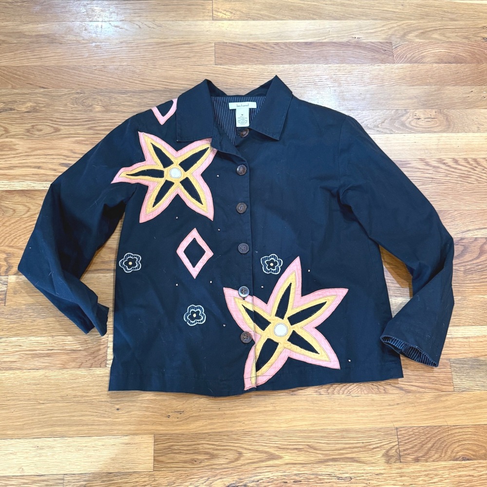 Bechamel Black Cotton Floral Applique Button Front Jacket Women Medium M